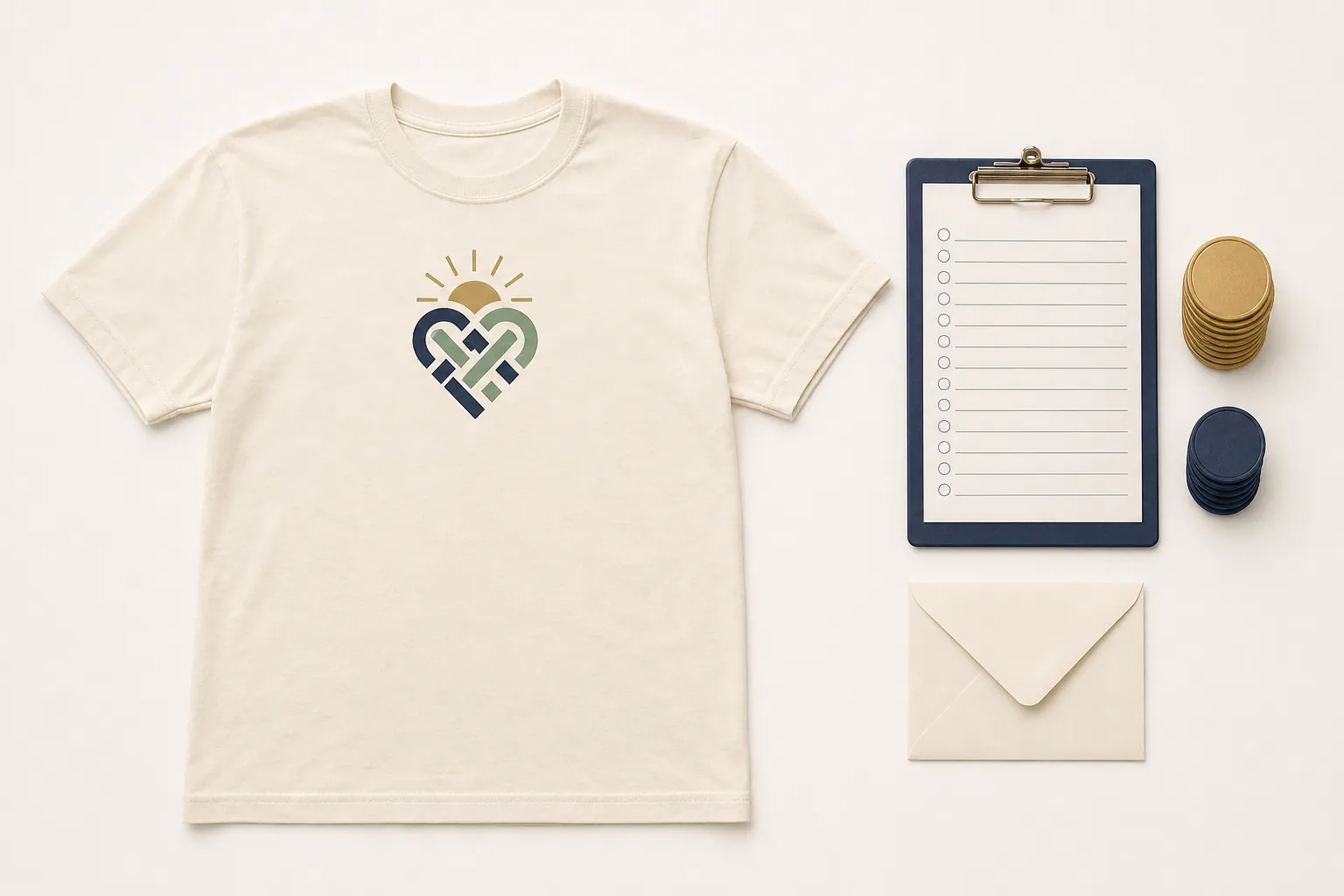 One complete cream fundraiser T-shirt with collar, both sleeves, side seams, full body, and bottom hem visible beside an order clipboard, two organized token stacks, and an envelope