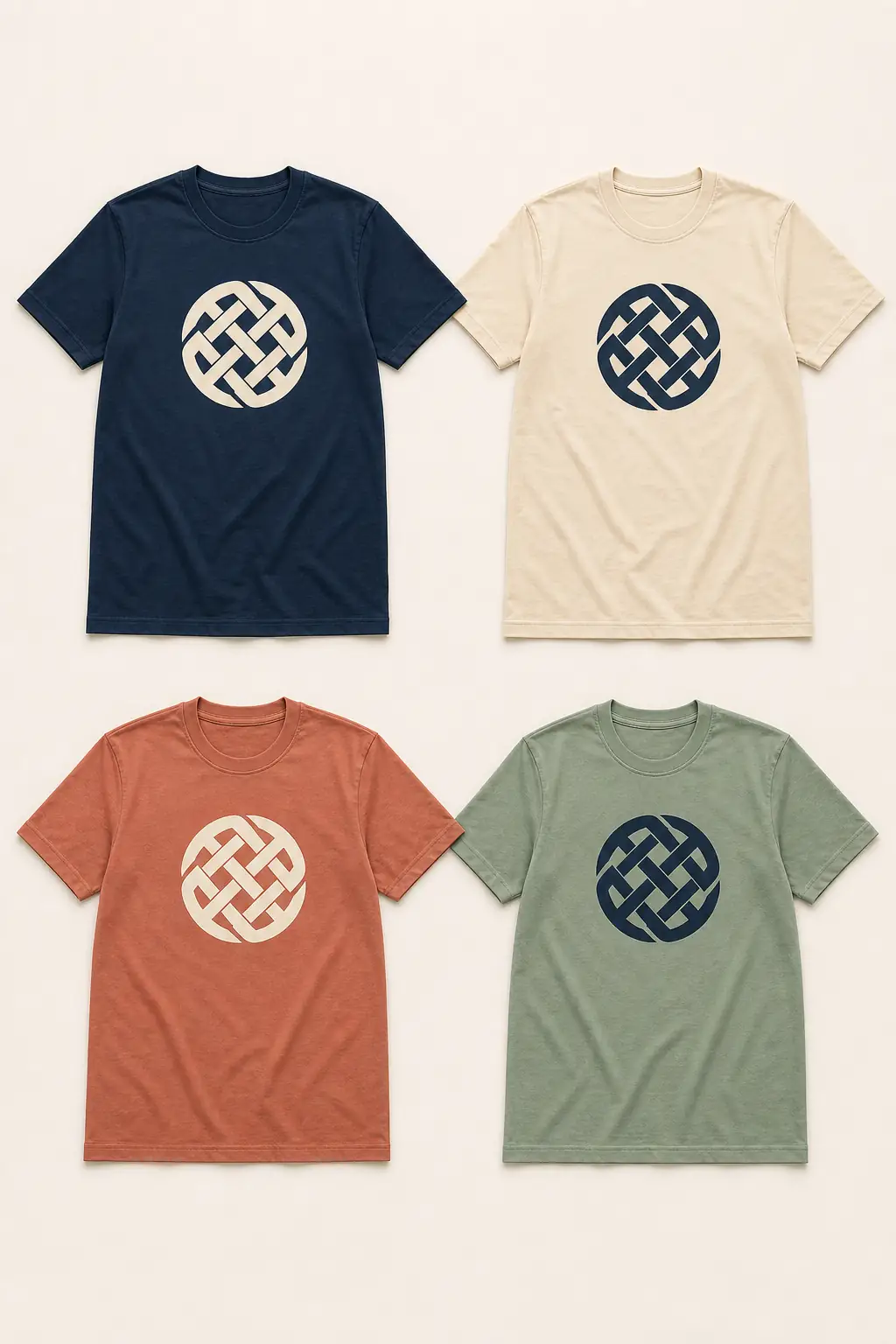 Four complete T-shirts in navy, cream, muted terracotta, and sage with the same high-contrast woven emblem shown in light and dark versions