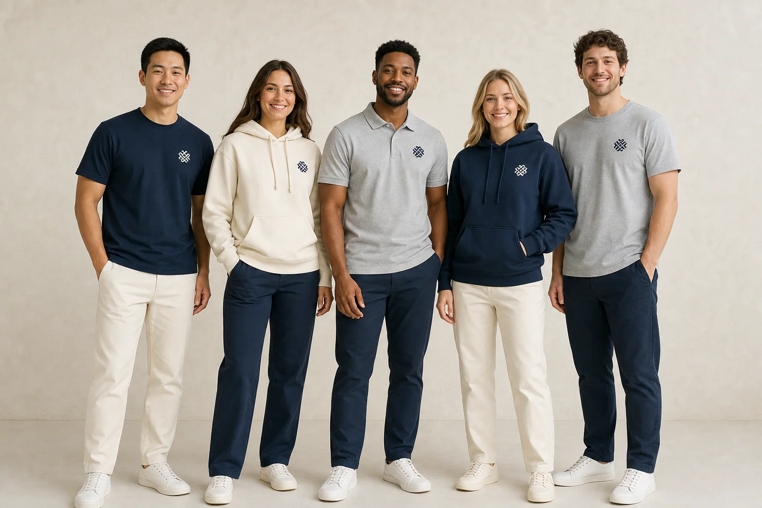 Five adults with eyes open and full garments visible in coordinated navy, cream, and gray custom tees, hoodies, and a polo